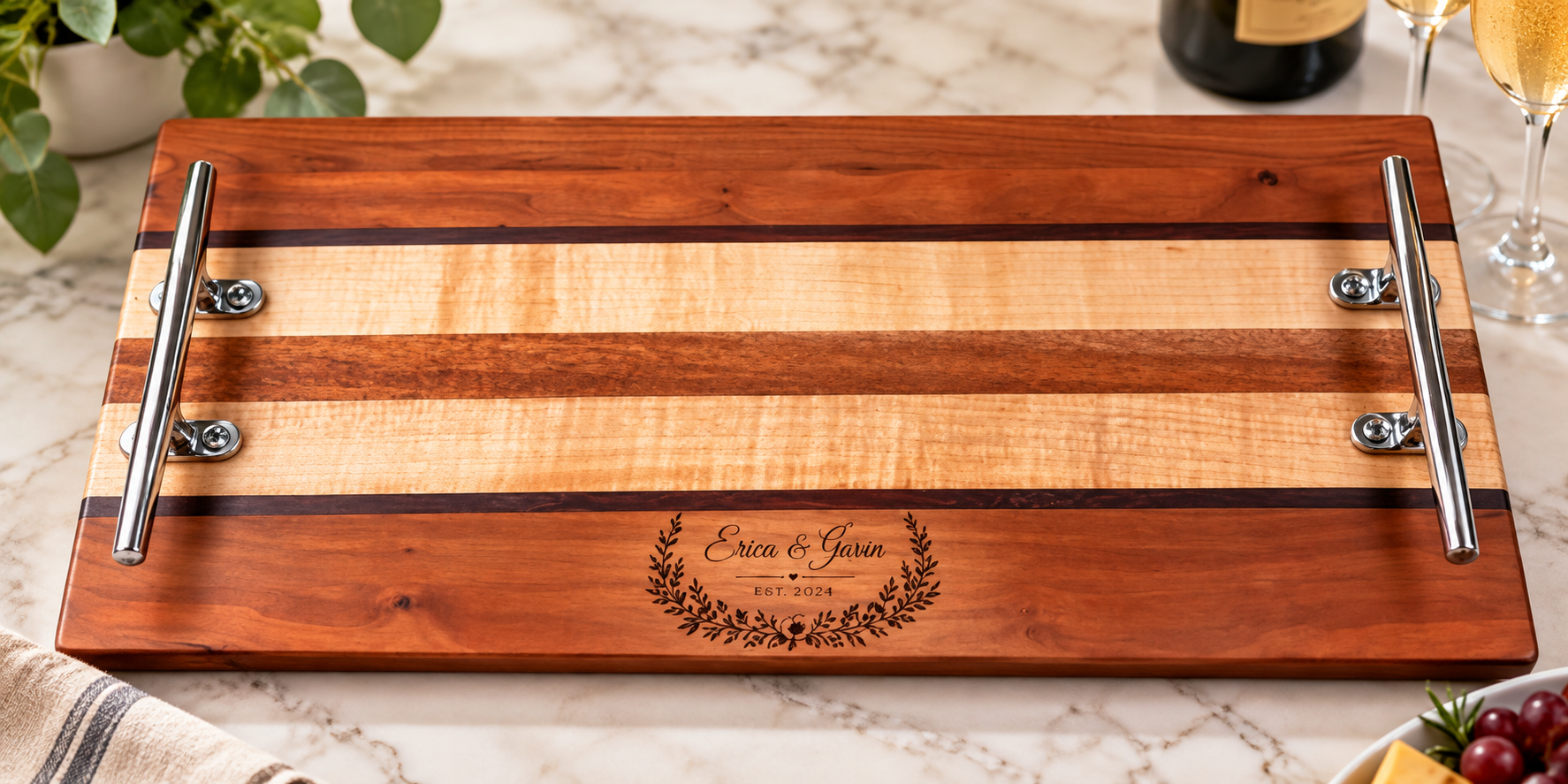 Custom engraved charcuterie tray with stainless steel cleats