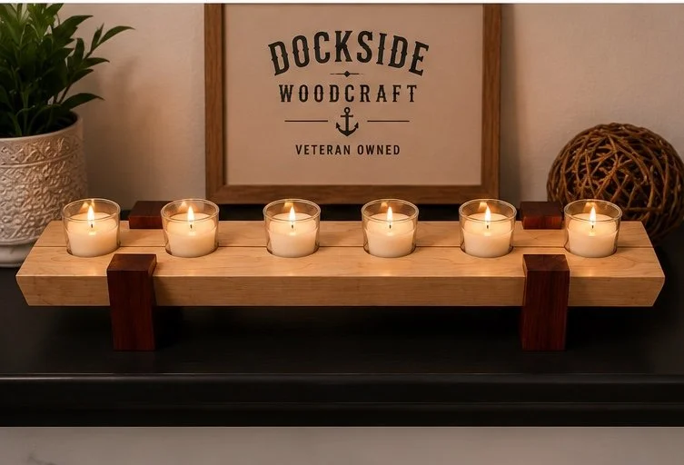 A wooden candle holder with six lit candles, positioned in front of a framed sign that says 'Dockside Woodcraft, Veteran Owned,' with a potted plant to the left and a decorative rattan ball to the right, on a black surface.