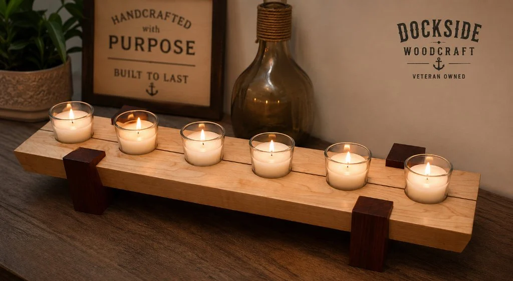 A wooden candle holder with six lit tea light candles on a dark wooden surface, next to potted plant in a decorative container, with framed wall art and a glass bottle in the background.