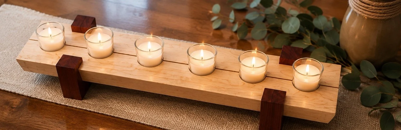 A wooden centerpiece with six small lit candles in glass holders on a table, surrounded by a beige runner, green eucalyptus leaves, and a plant in a vase in the background.