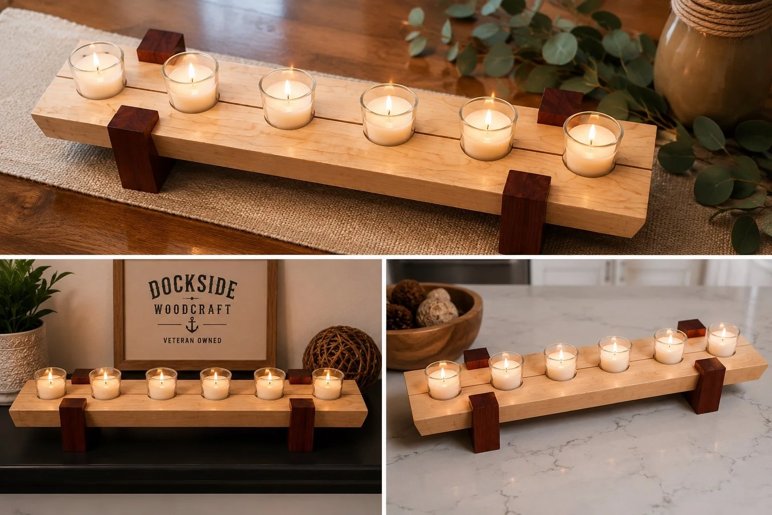 A wooden candle holder with six lit tealight candles, supported by dark wood blocks, placed on different surfaces, surrounded by decorative items and greenery.