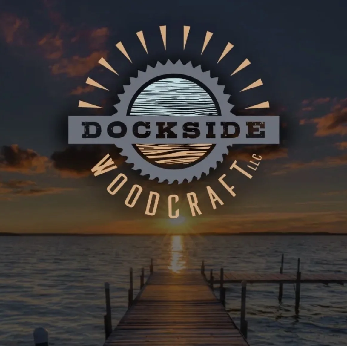 Sunset over the water with a wooden dock extending into the horizon, overlaid with a logo for Dockside Woodcraft LLC featuring a sunrise or sunset design and stylized text.