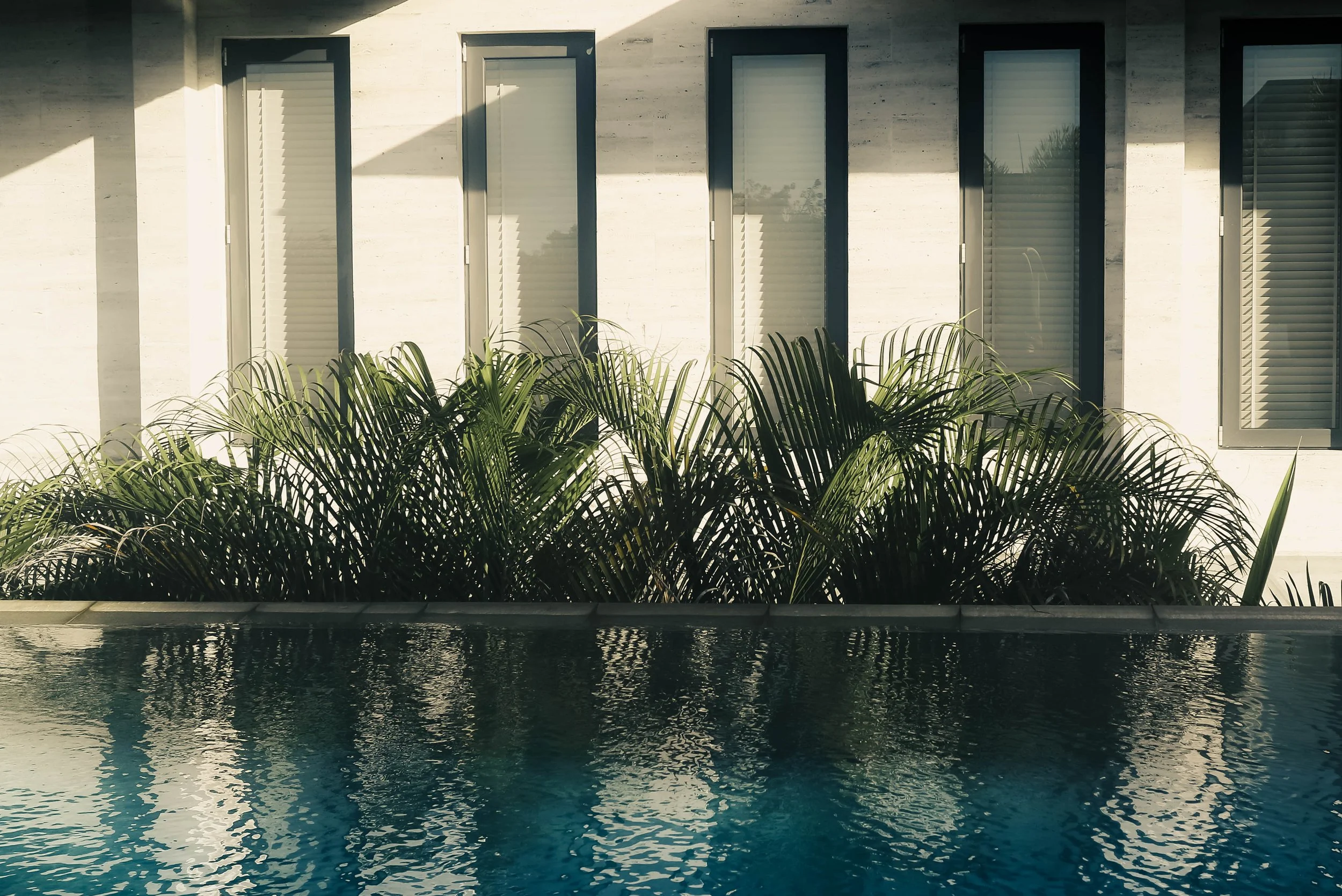 A modern building with tall windows, some with shutters, and a row of green plants in front of the wall. In the foreground, there is a swimming pool with water reflecting sunlight.