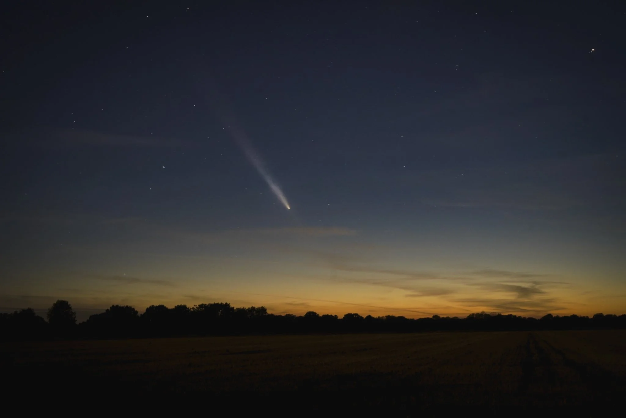 Night sky with stars and a bright comet or meteor streaking across, near the horizon with trees and a faintly illuminated landscape.