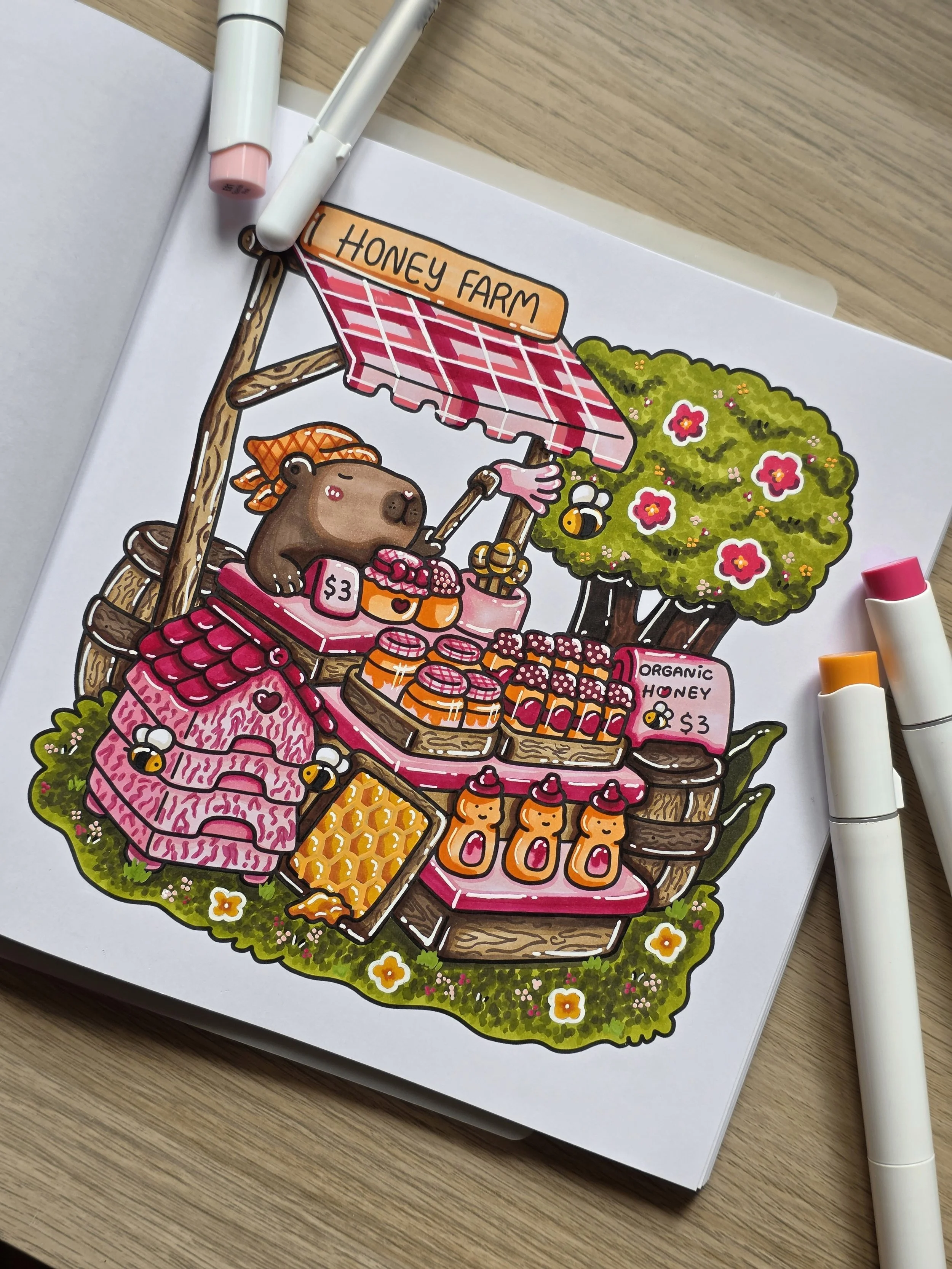 Colorful illustration of a honey farm stand with a bear, honey jars, a honeycomb, flowers, and a bee, with markers around it.