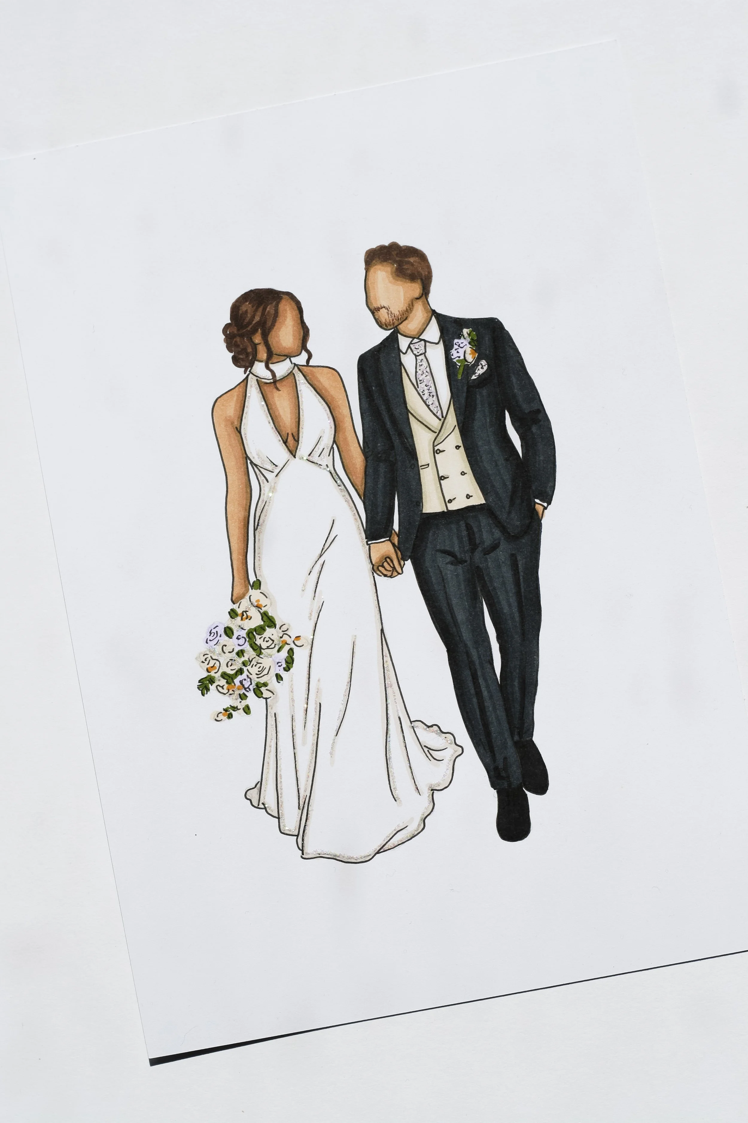 Illustration of a bride in a white wedding gown holding a bouquet, and a groom in a black tuxedo with a boutonniere, walking hand in hand.