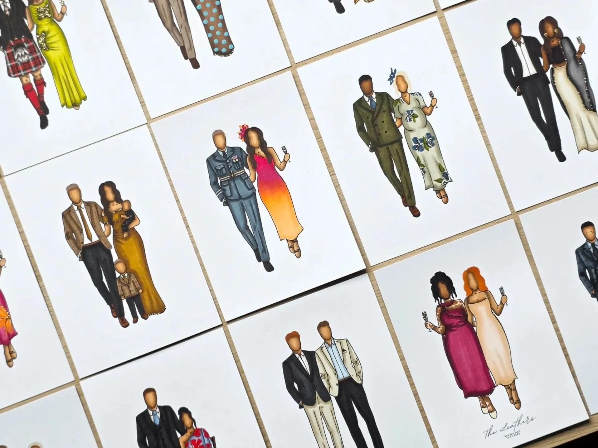 Illustrated characters of diverse couples dressed in stylish outfits, standing together, some holding glass of wine, arranged in a grid pattern on a poster.