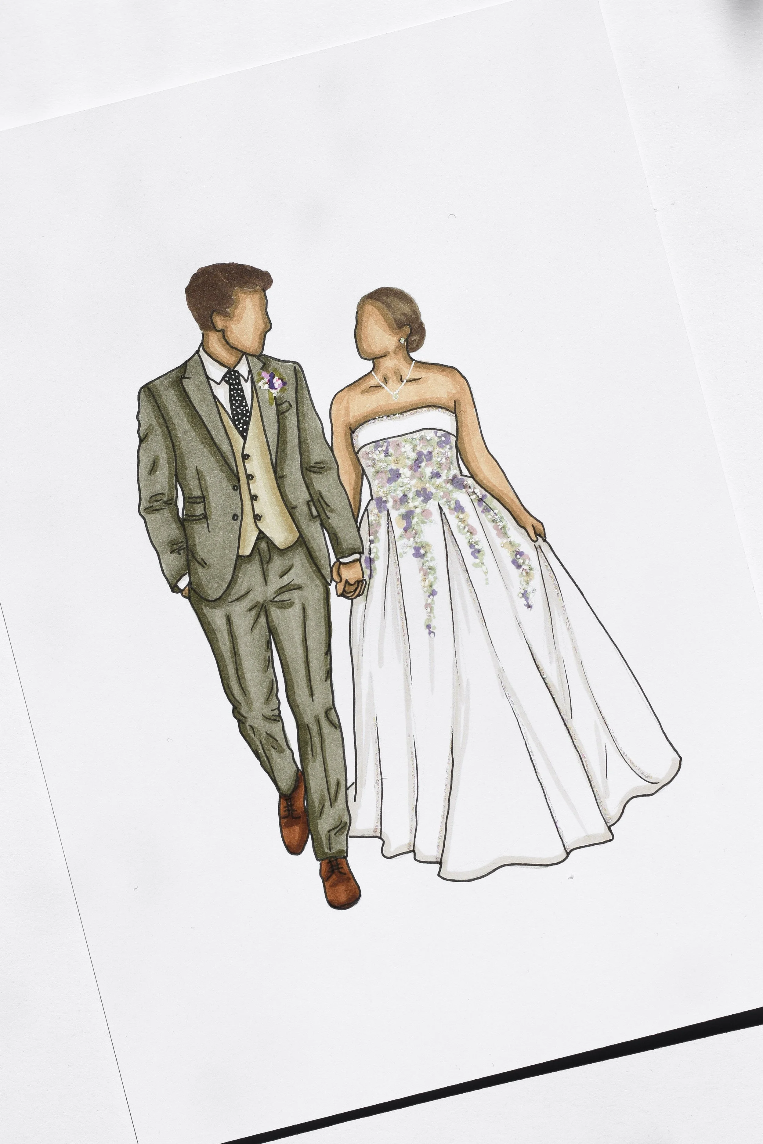Illustration of a couple dressed in wedding attire, holding hands and looking at each other.