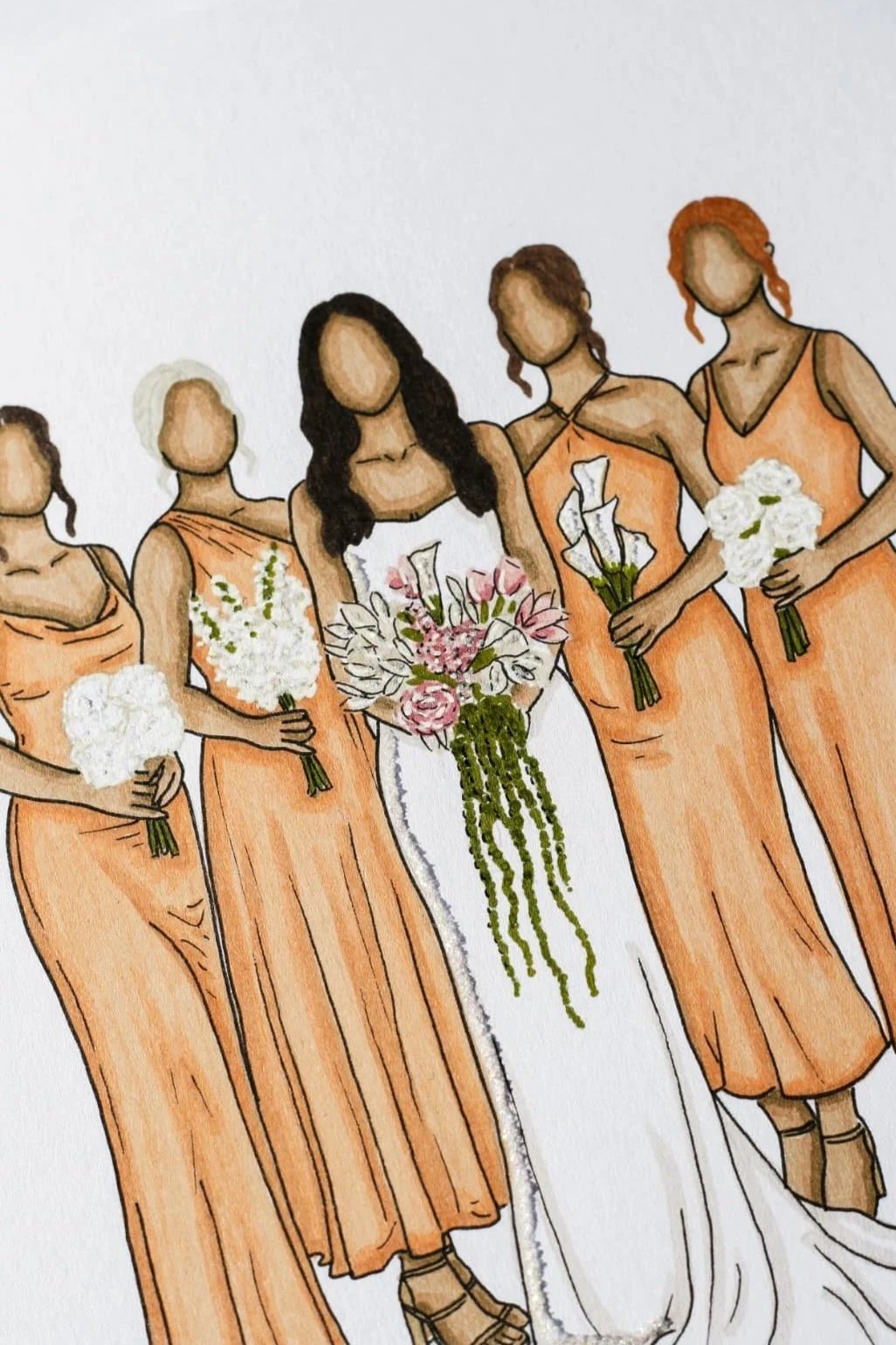 Illustration of a bride standing with five bridesmaids, all dressed in peach-colored gowns, holding bouquets of white flowers, with the bride holding a large bouquet of pink and white flowers, and the background is plain white.