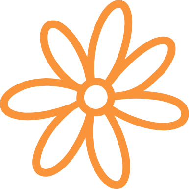 Orange outline drawing of a flower with seven petals and a central circle.