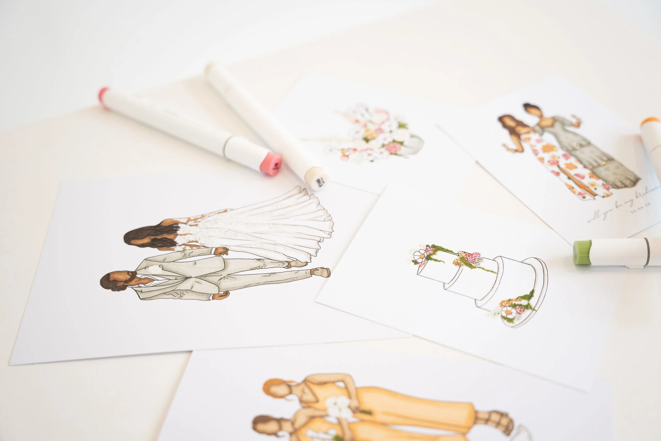 Petal & Portrait live wedding illustrator creating personalised guest portraits and fashion illustrations at weddings and events.