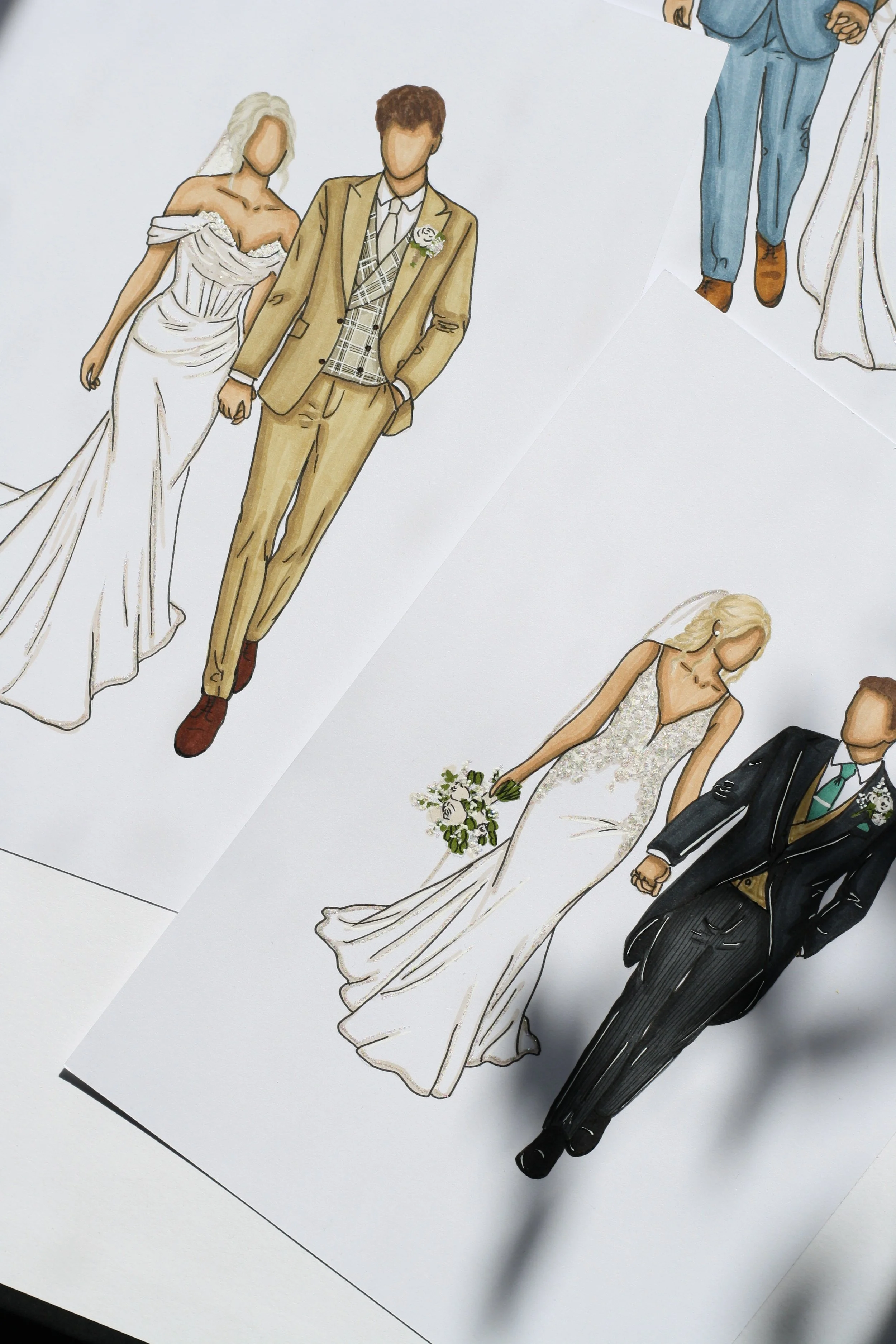 Illustrations of wedding attire and couples, including a bride in a white wedding gown and a groom in a tan suit, with other wedding outfits partially visible.