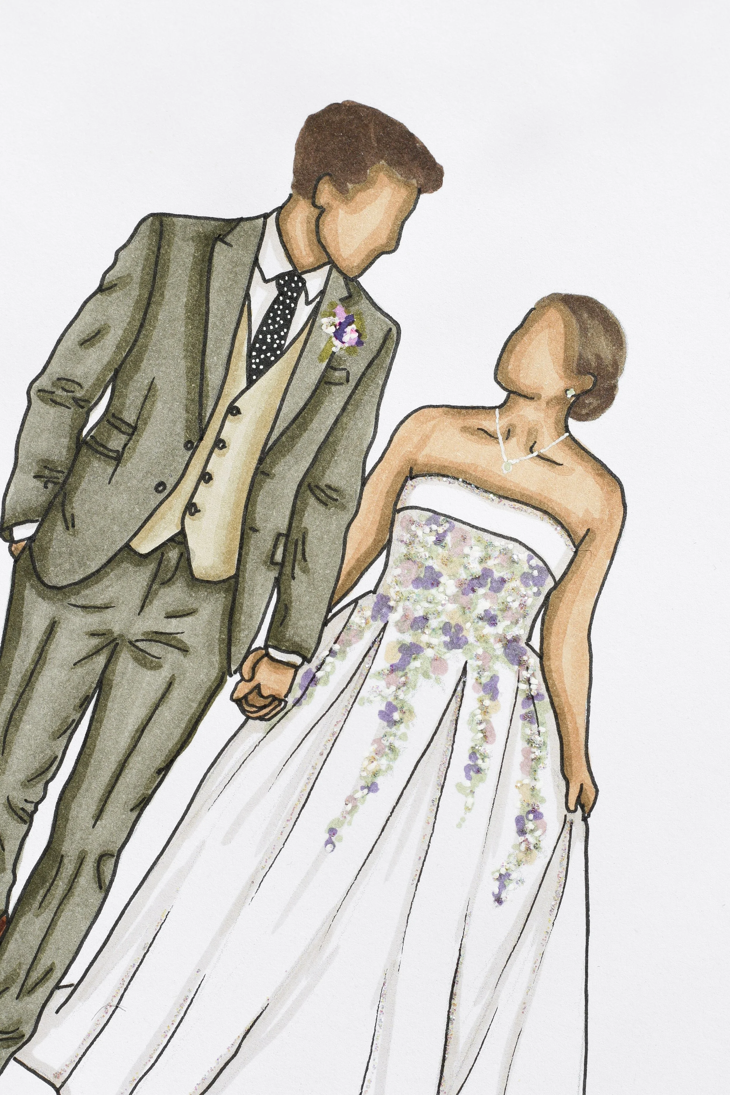 A watercolor illustration of a smiling man and woman holding hands in wedding attire, with the man dressed in a suit and the woman in a floral strapless gown, both looking at each other affectionately.