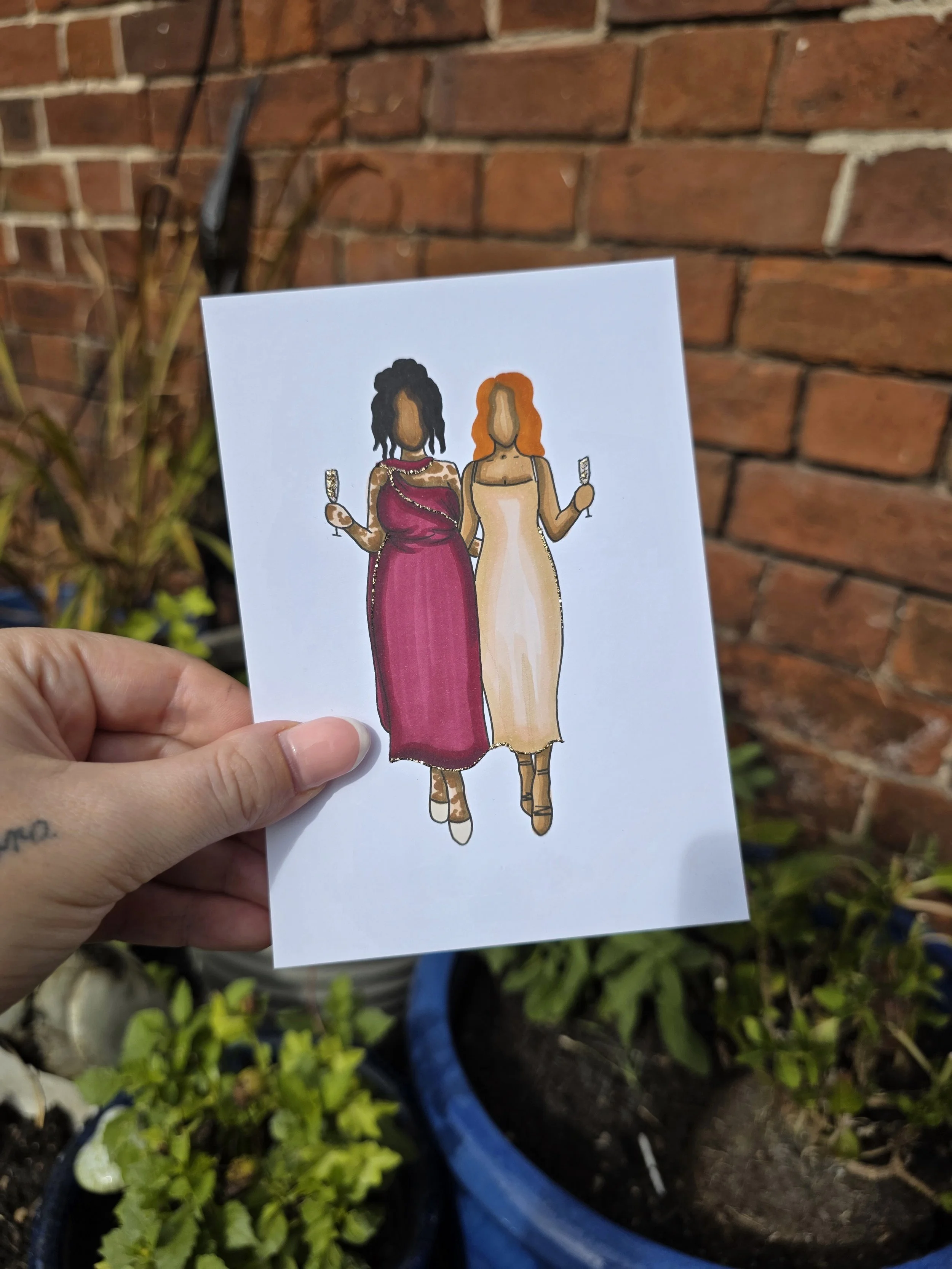 Illustration of two women in evening dresses holding champagne glasses, standing together.