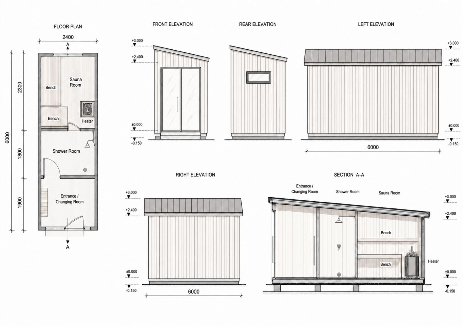 Technical drawing of a Nordbadstu sauna built to the customer's design