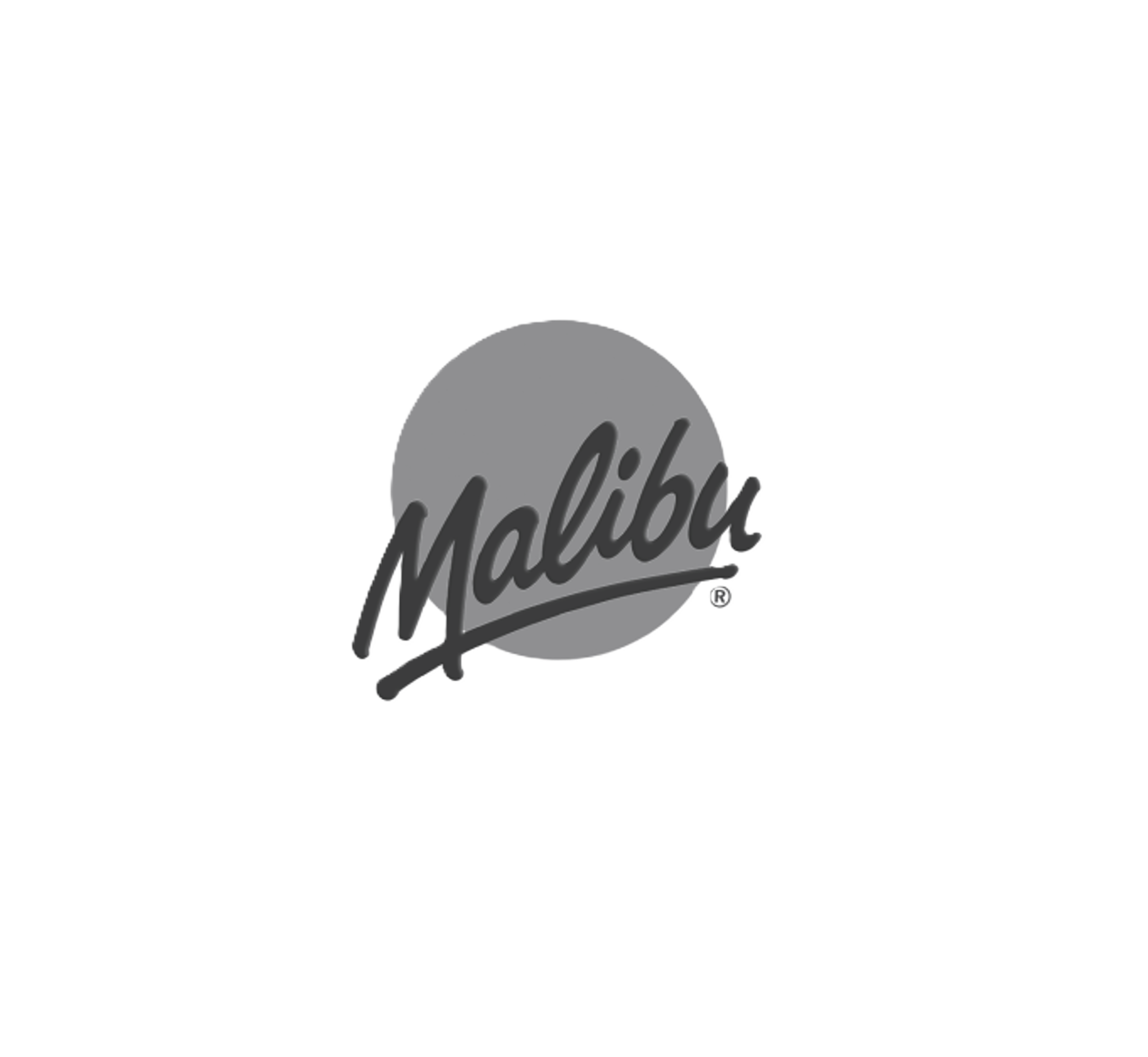 A black circle with the word 'Malibu' written in purple cursive text inside a smaller gray circle.