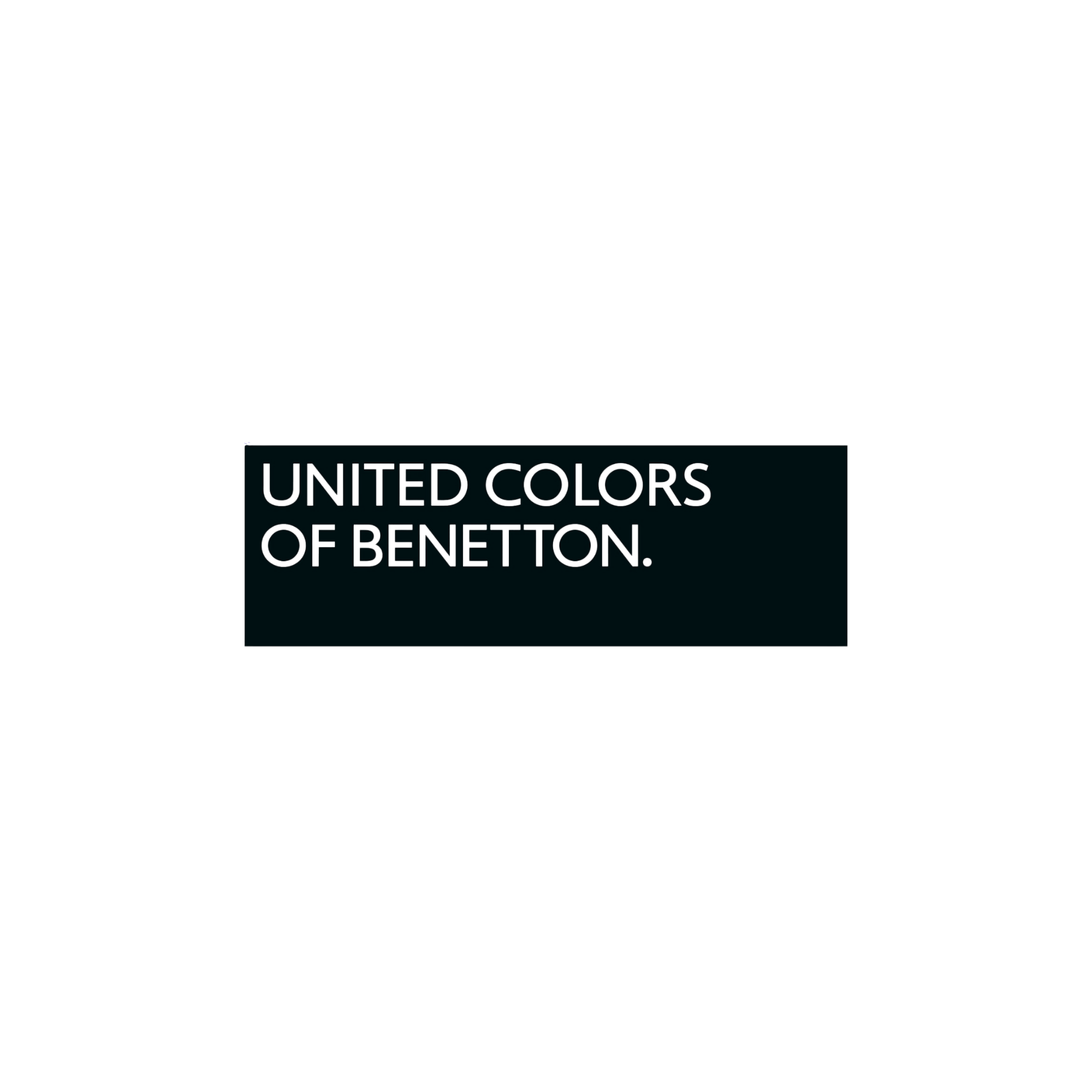 Black background with the phrase 'United Colors of Benetton' in black text on a dark blue background.