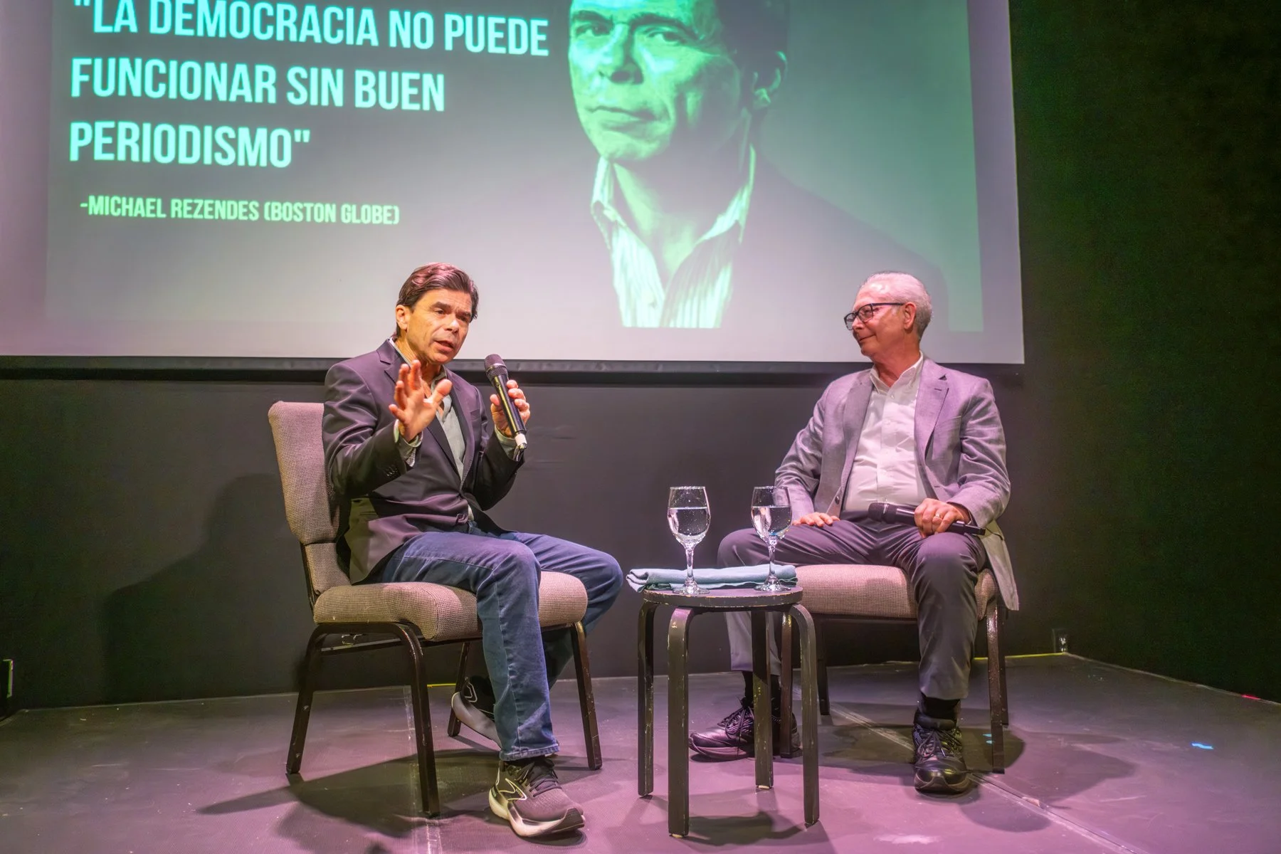 Mike Rezendes responds to a question from Stephen Kitsakos during an interview for "Between Two Palms," the conversation series at the Studios of Key West.