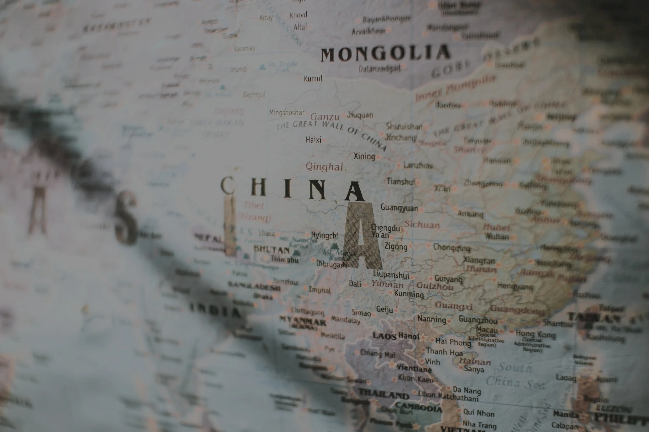 A map showing part of Asia, highlighting China, Mongolia, and surrounding countries.