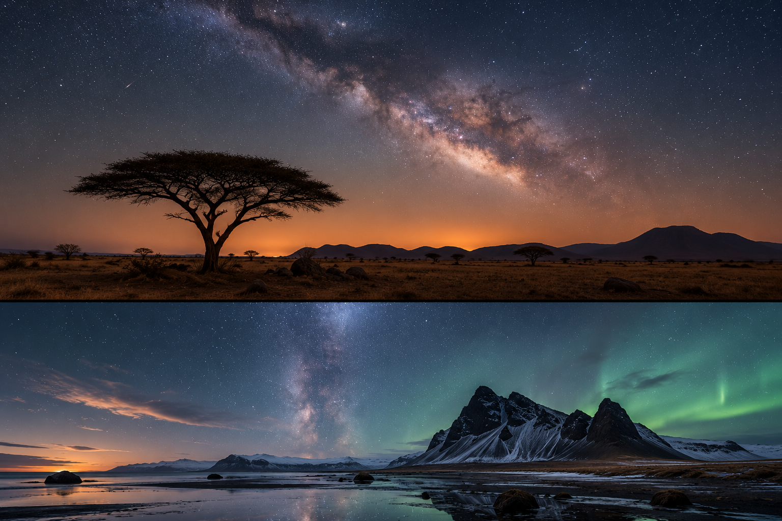 Two night sky photos: the top features the Milky Way galaxy over a savanna with a large acacia tree and distant mountains, the bottom showcases the Northern Lights over a snowy mountain landscape with a sea, mountain peaks, snow, and reflected starry sky.