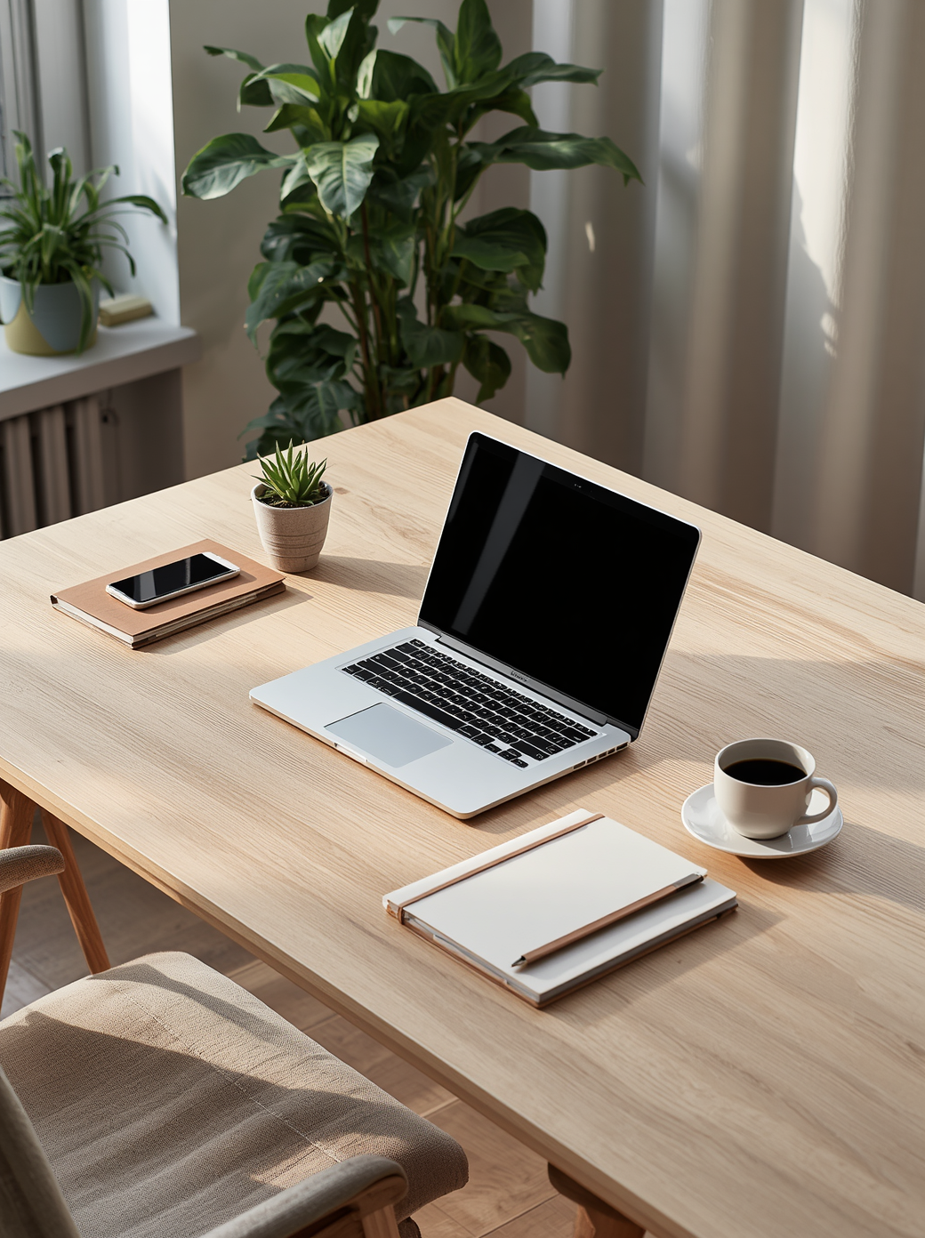 Et lyst trebord med en åpen laptop, en kopp kaffe, notatbøker, en penn, en liten plante, og et nettbrett; stort grønt plant i bakgrunnen ved et vindu med lyse gardiner.