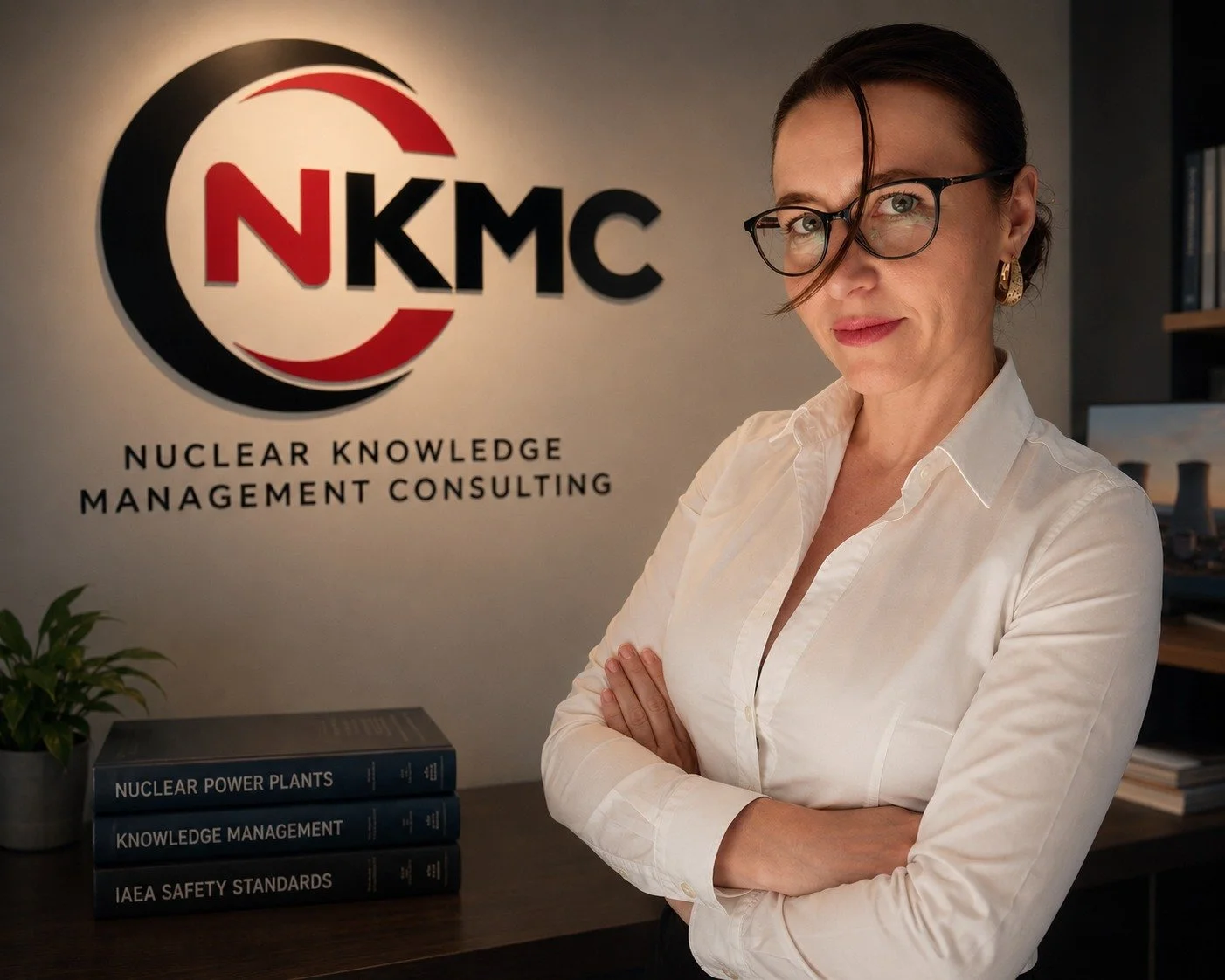 A woman in glasses and a white shirt standing with arms crossed in front of a wall with a large NKMC logo and text that reads Nuclear Knowledge Management Consulting. On the table in front of her are three books titled Nuclear Power Plants, Knowledge Management, and IAEA Safety Standards. There is a potted plant on the table and shelves with books in the background.