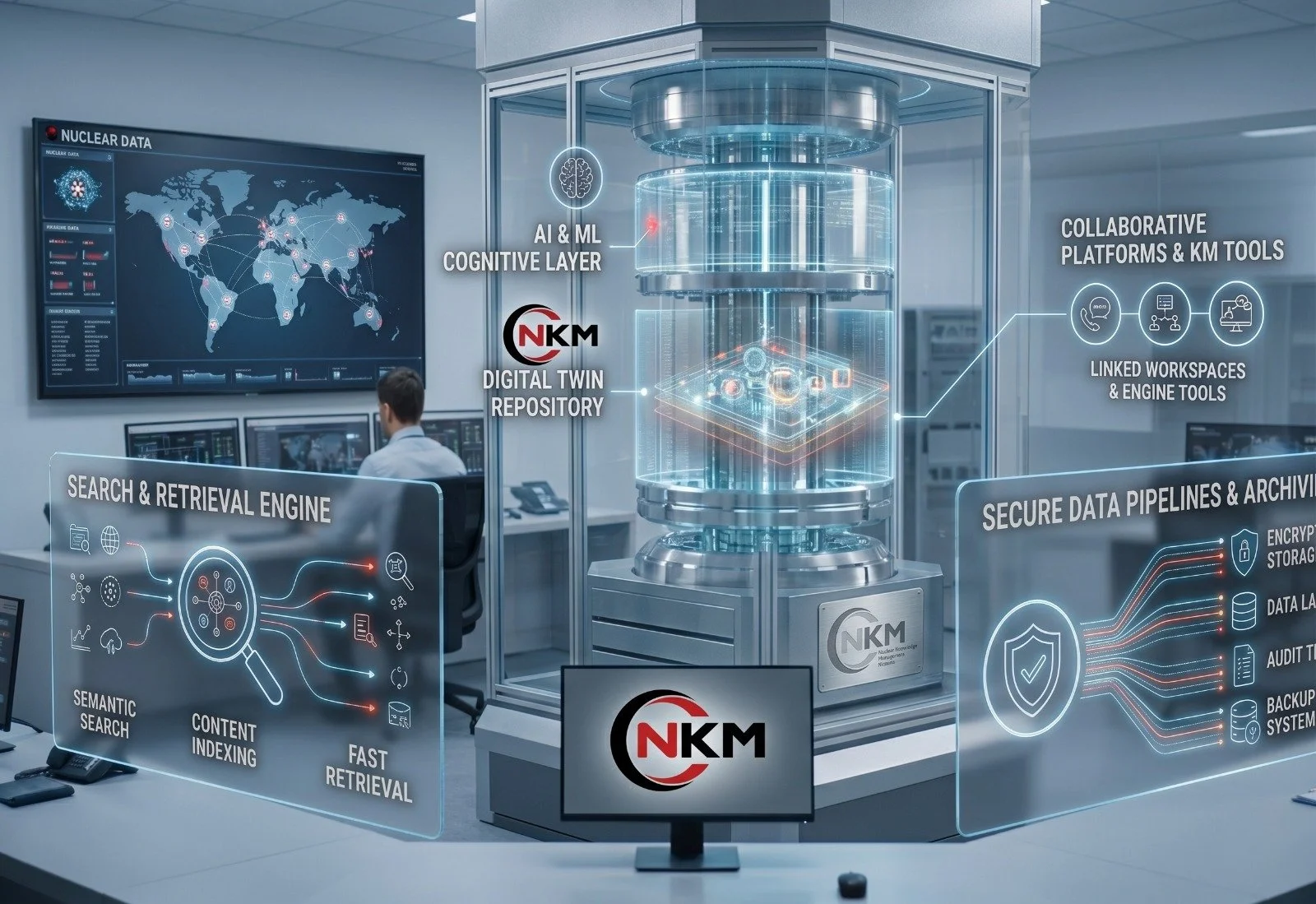 A futuristic data center with holographic displays showing various analytics and information related to nuclear data, AI, ML, digital repositories, and data security. The center has a glass-enclosed machine in the middle with the NKD logo, surrounded by screens and digital interfaces.