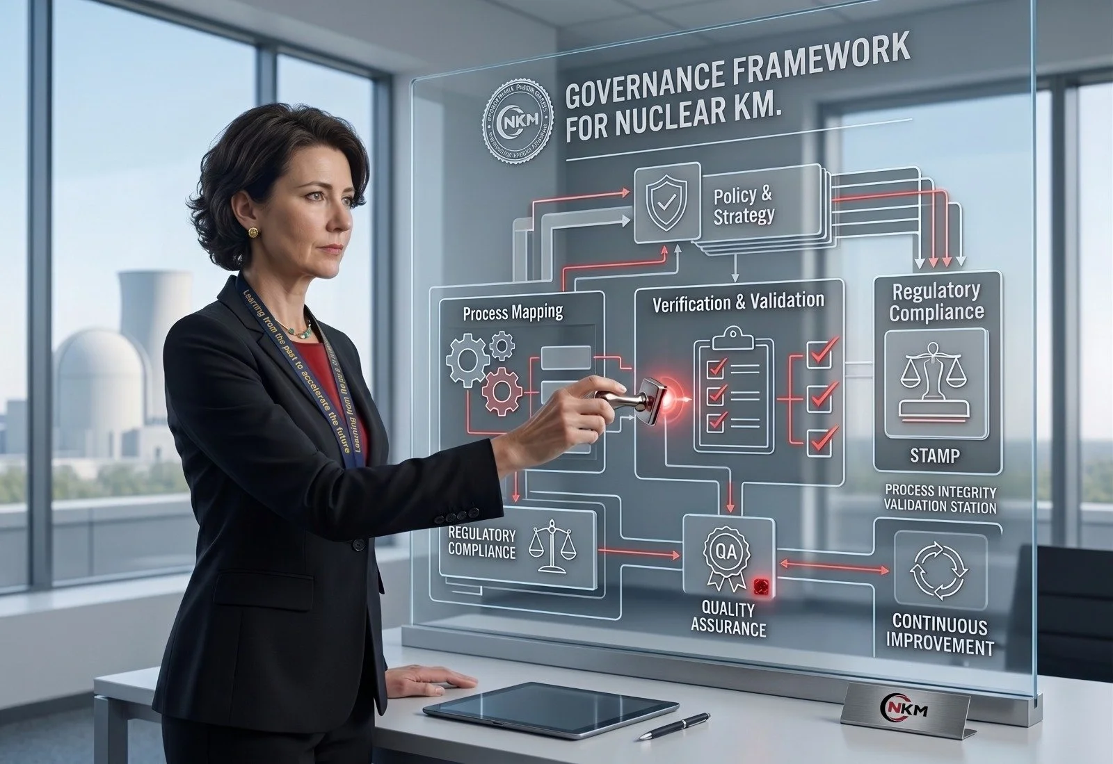 A woman in a black business suit interacts with a transparent digital display showing a governance framework for nuclear knowledge management, including process mapping, verification, validation, policy strategy, regulatory compliance, quality assurance, and continuous improvement.