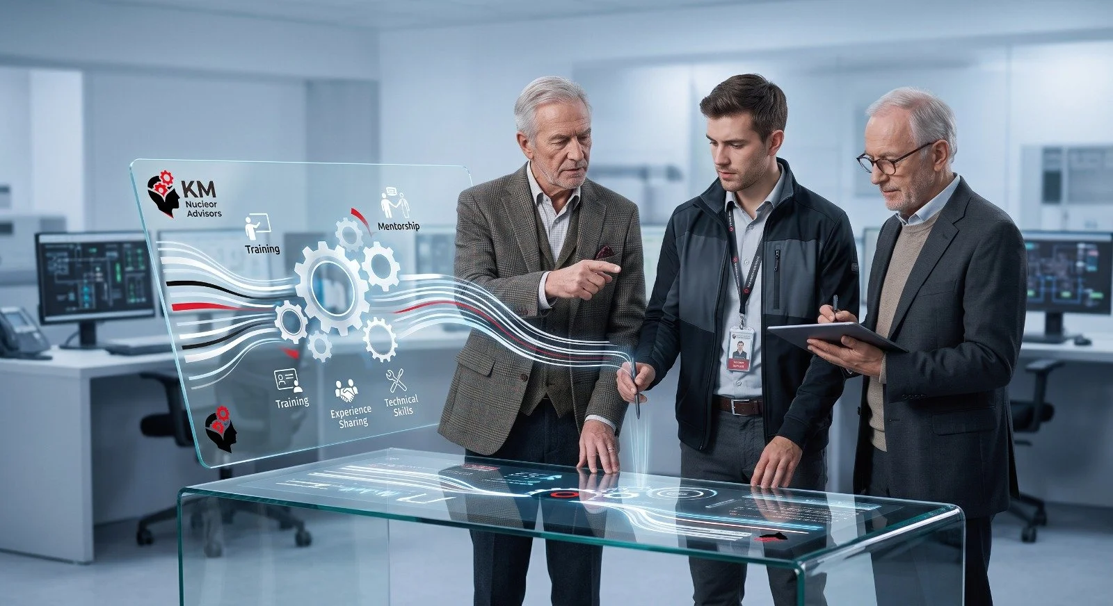 Three men in business attire and a lanyard with a badge, discussing in a high-tech office with digital holographic interface showing gears, icons, and text related to training, mentorship, experience sharing, and technical skills.
