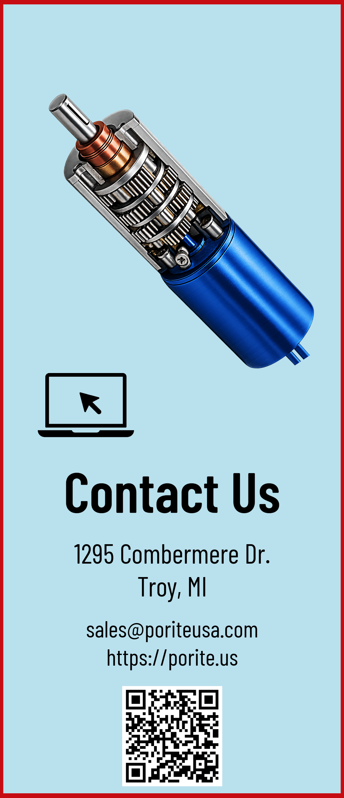 Business contact information card with a graphic of a laser device, featuring a light blue background and a red border. Contains a computer icon, contact details, website URL, and a QR code.