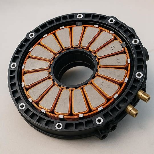 A circular electric motor's stator with copper wire windings and numbered metallic plates inside a black plastic frame, featuring two gold-colored electrical connectors.