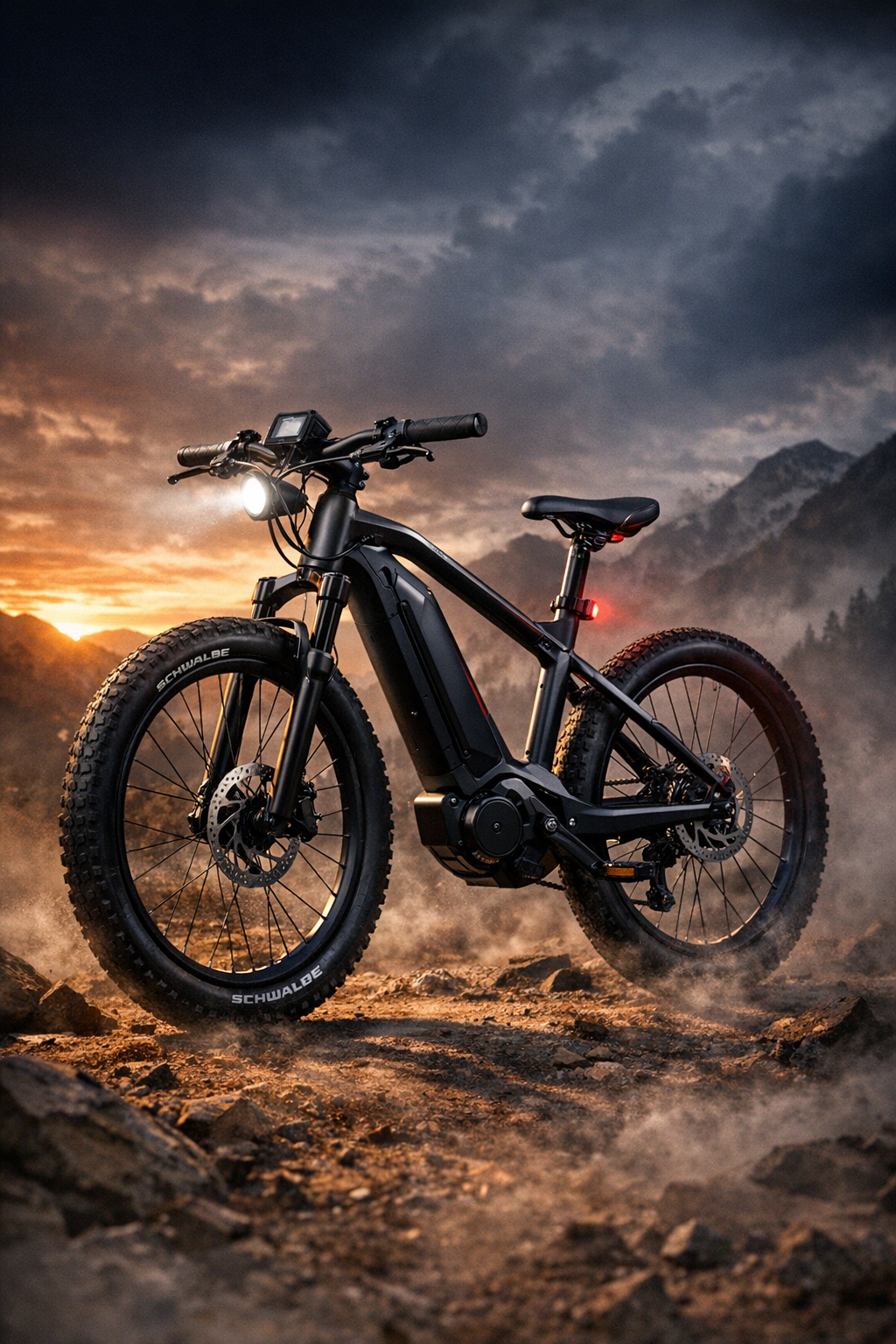 Electric mountain bike on rocky terrain during sunset with a mountainous background.