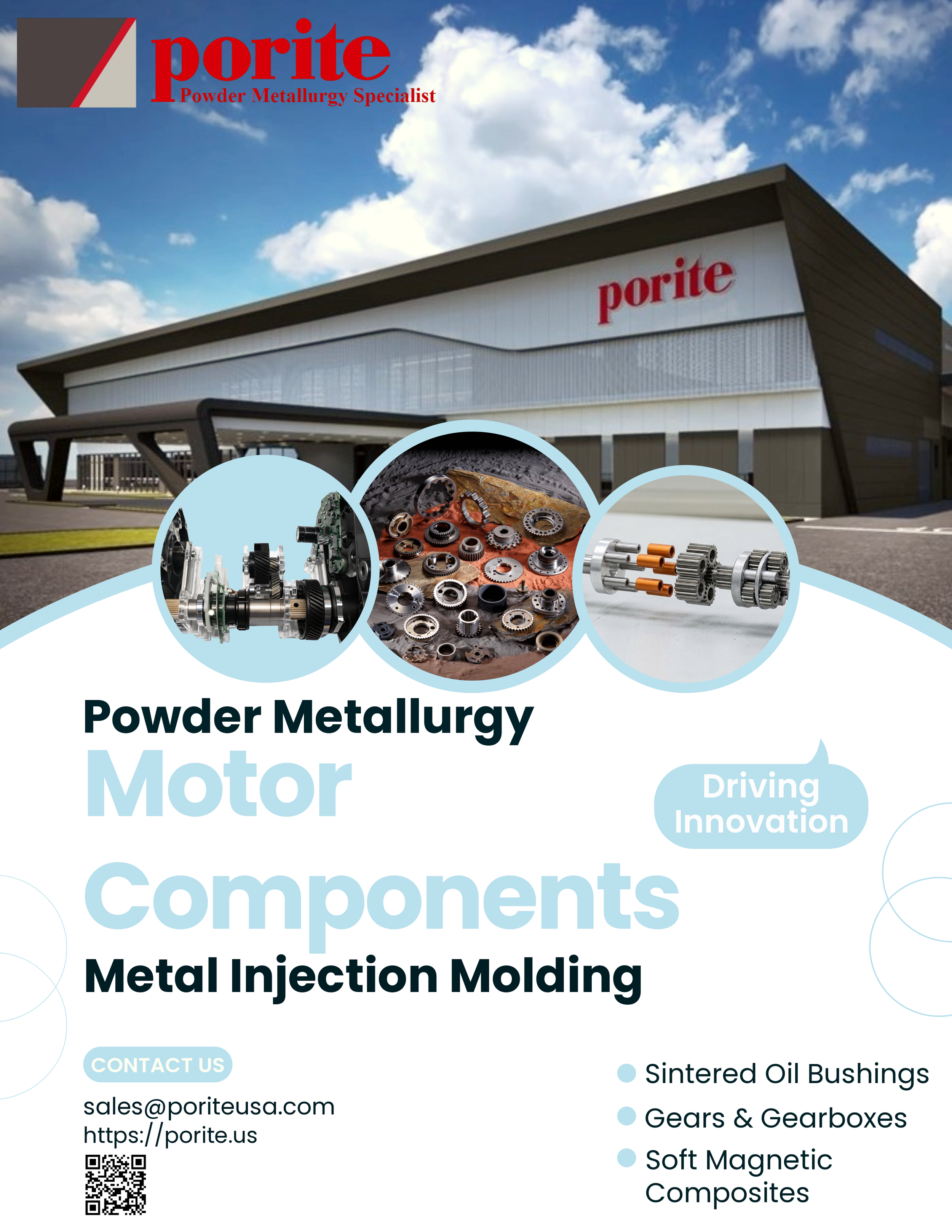 Exterior of a building with red 'porite' signage, blue sky with clouds, and a graphic overlay of mechanical parts, gears, bearings, and components related to powder metallurgy, with contact information and website for Porite USA.