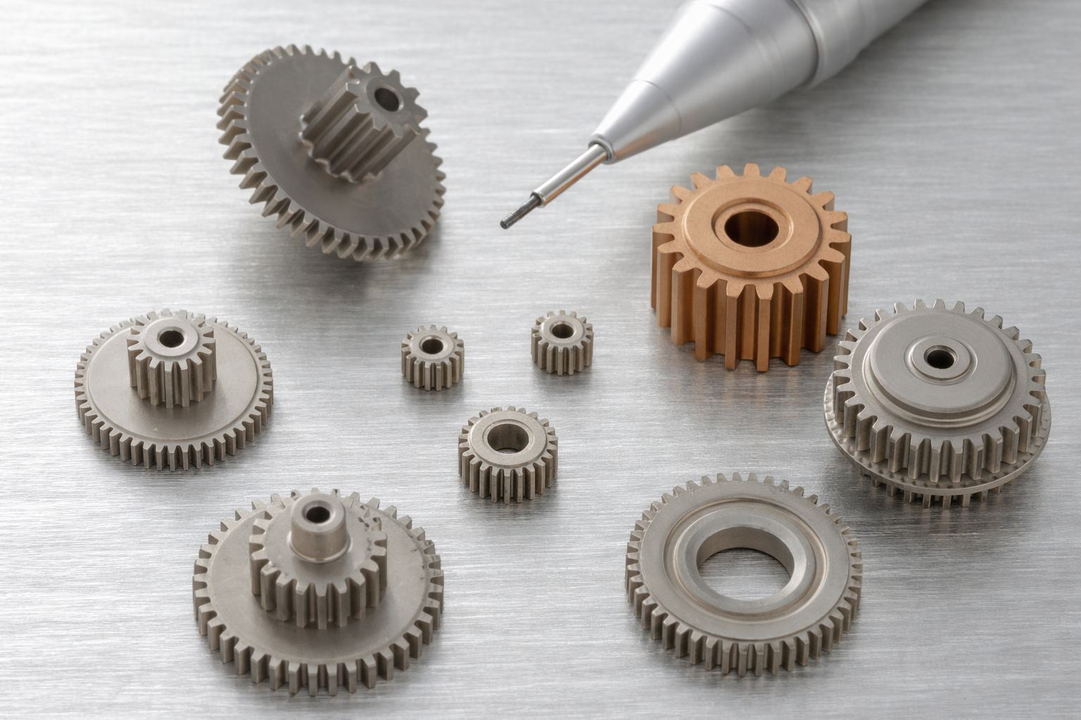 Various metallic gears and a precision tool arranged on a metallic surface.