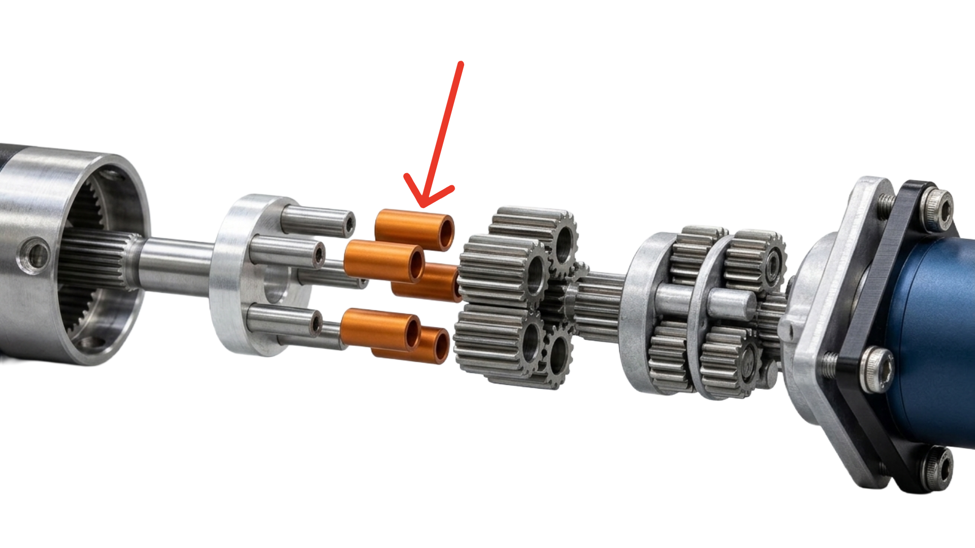 Disassembled electric motor showing gears, copper coils, and internal components.