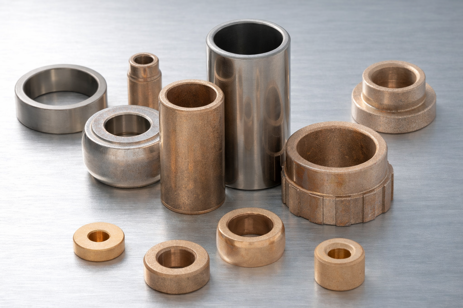 Various metal cylindrical parts and bushings arranged on a gray surface.