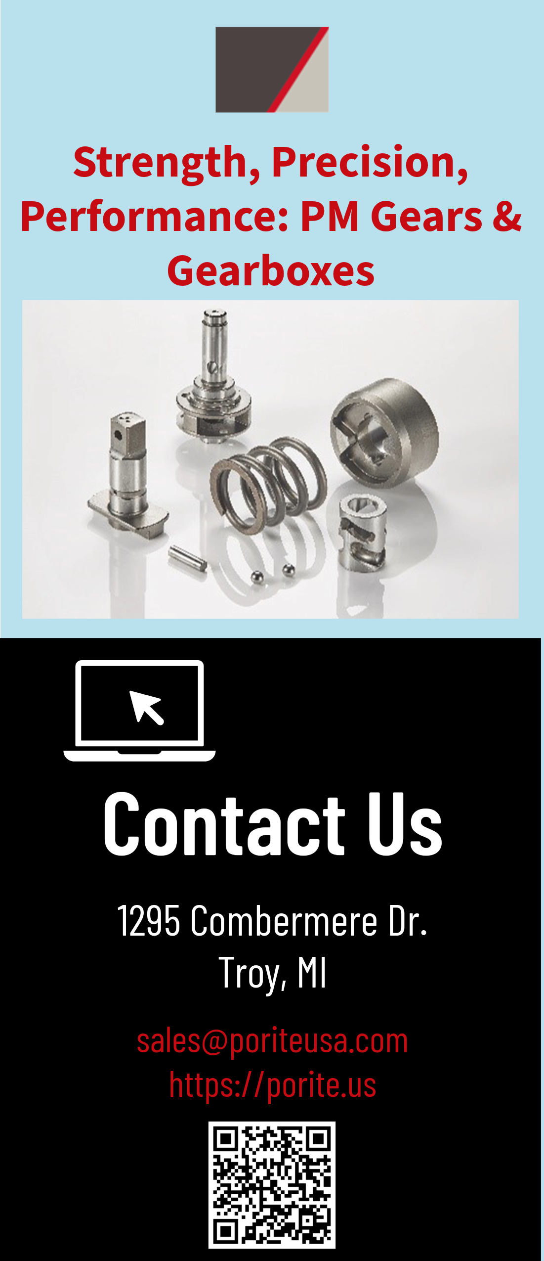 Advertisement for PM Gears & Gearboxes emphasizing strength, precision, and performance, with images of metal gears and components, and contact information including an address in Troy, MI, email, website, and a QR code.