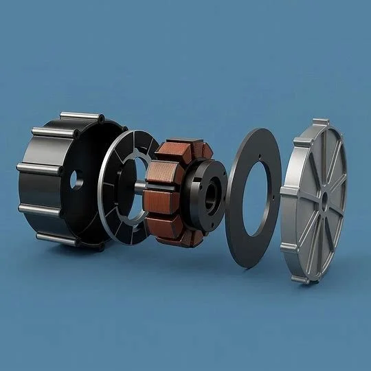 Disassembled electric motor parts, including rotor, stator, and end caps, on a blue background.