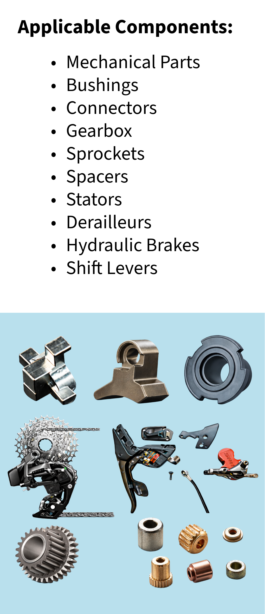 A list of mechanical bike components including mechanical parts, bushings, connectors, gearboxes, sprockets, spacers, stators, derailleurs, hydraulic brakes, and shift levers, alongside images of various metal bicycle parts such as gear derailleur, c