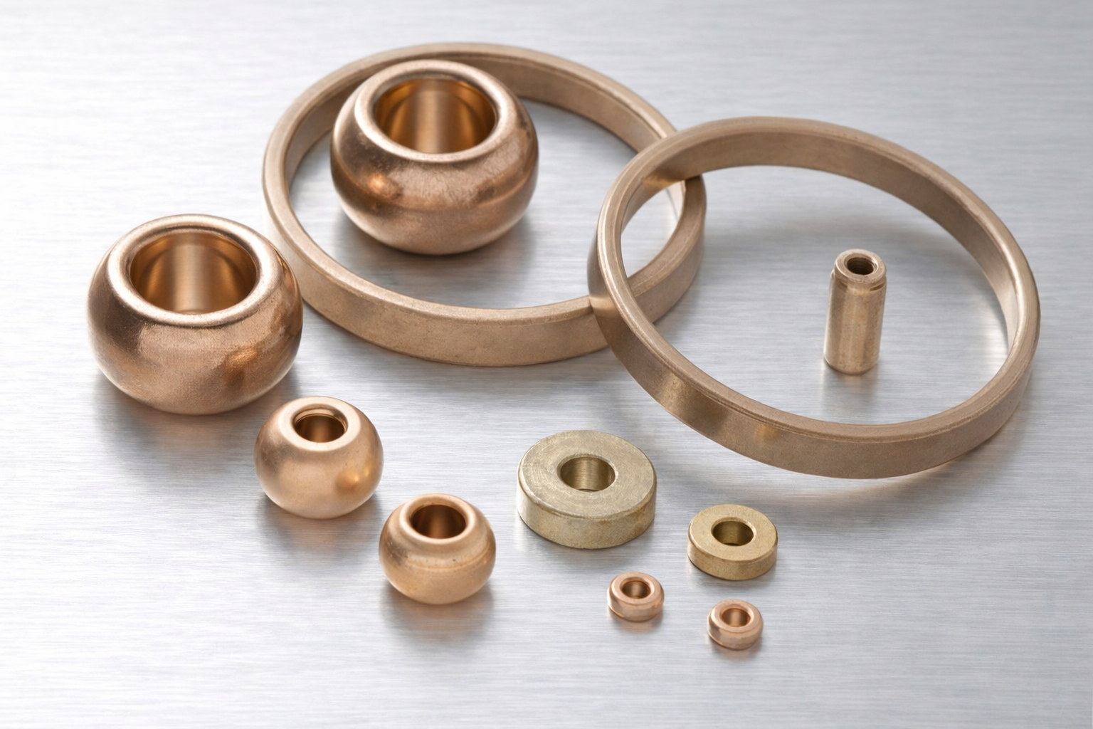 Assorted bronze-colored metal spheres, rings, and washers on a light metallic surface.