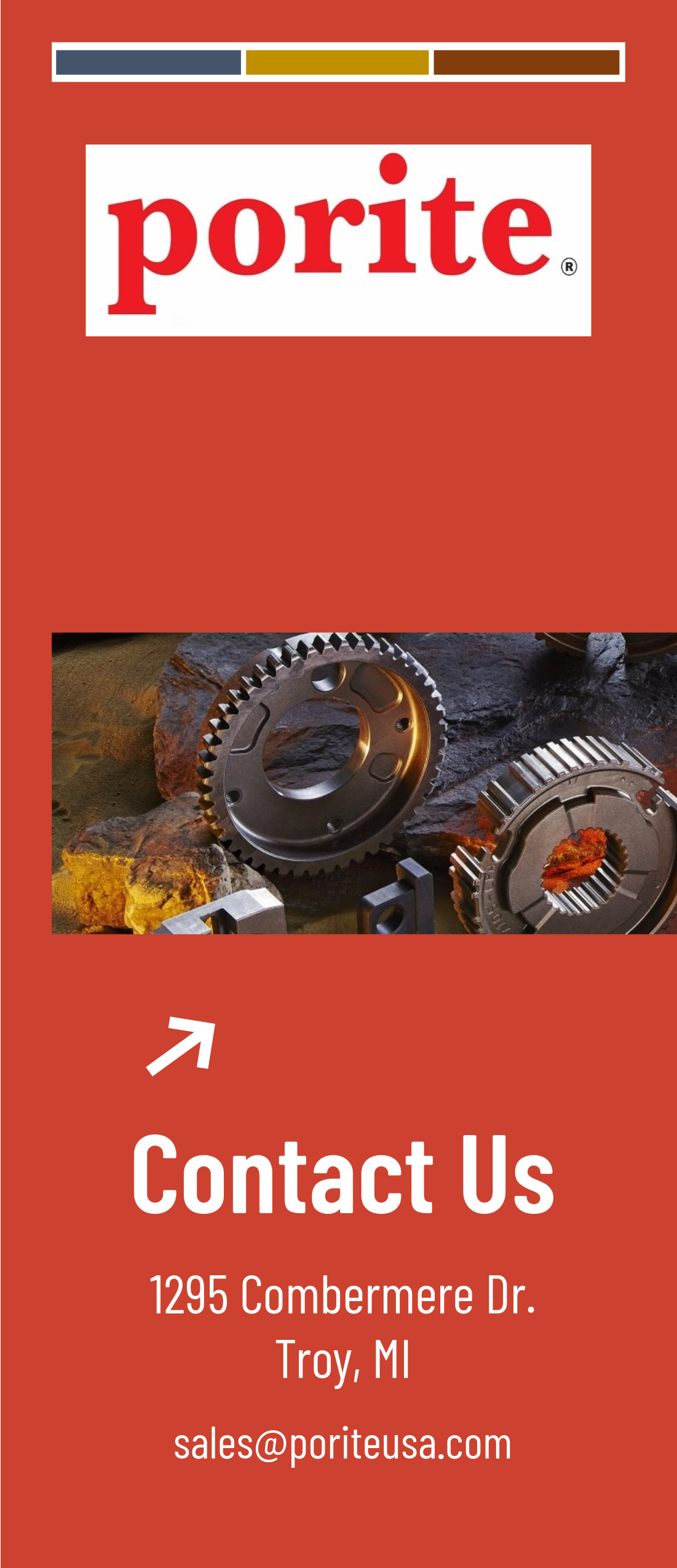 Industrial gears on rocks with a red background, company name 'porite' at the top, and contact information including address in Troy, MI, and email sales@poriteusa.com.