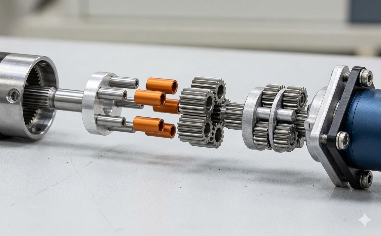 Disassembled electric motor showing gears, shafts, and copper wiring.