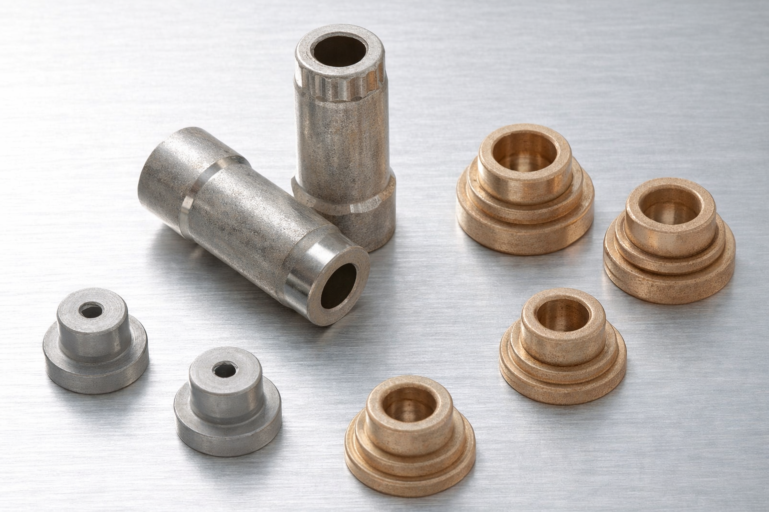 Metal and bronze mechanical spacers on a brushed metal surface.