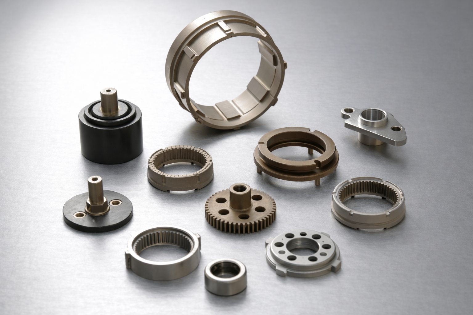 Collection of metallic and black mechanical parts on a gray surface.