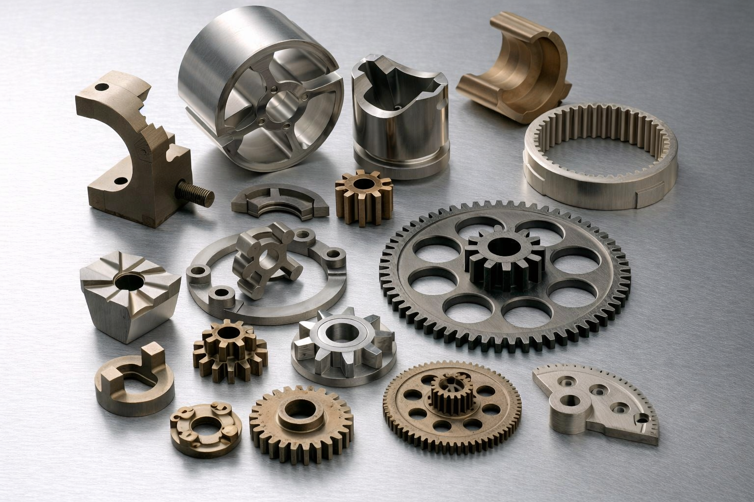 Collection of various metallic gears, cogs, and mechanical parts arranged on a flat surface.