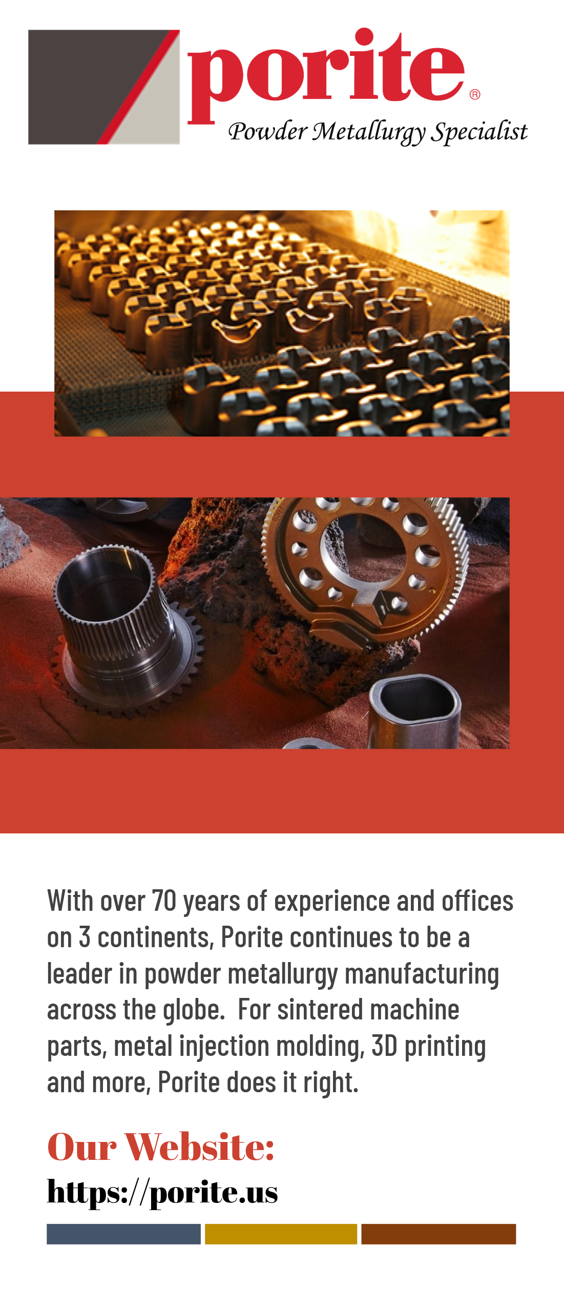 Company logo for Porite, a powder metallurgy specialist, with an image of metal gears and parts used in manufacturing.