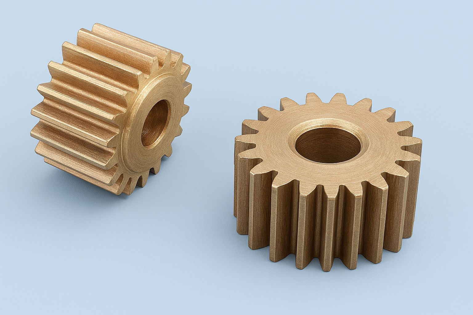 Two wooden gears with interlocking teeth on a light blue background.