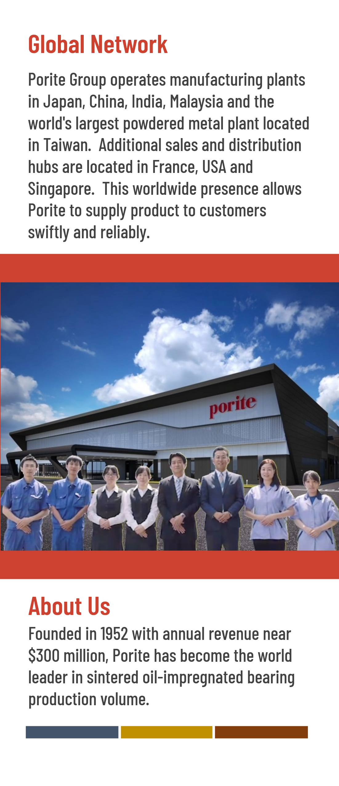 Information about Porite Group's global manufacturing and distribution centers, showing a modern building with the group's logo and a group of employees in uniform standing in front.