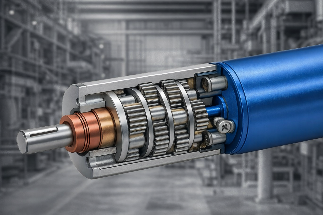 Cross-section of an electric motor with visible gears and components in a factory setting.