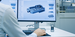 Person working on computer with engineering CAD design of mechanical parts on monitor in a lab setting.